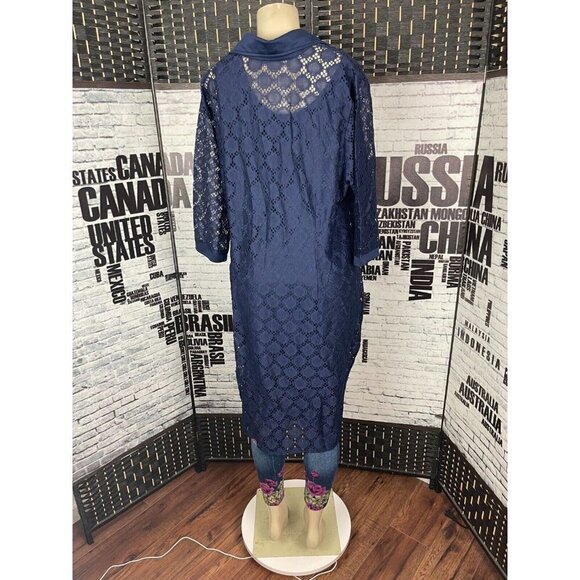 Woman Within 2 PC 2X Navy Perforated Lace Button Collar 3/4 Sleeve Shirt Dress - Picture 5 of 6